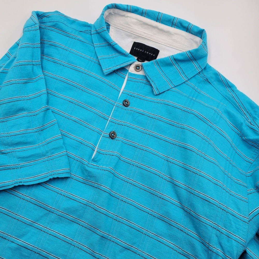 Bobby Jones Mens Polo Shirt Bright Blue Plaid Stripe Short Sleeve‎ XL